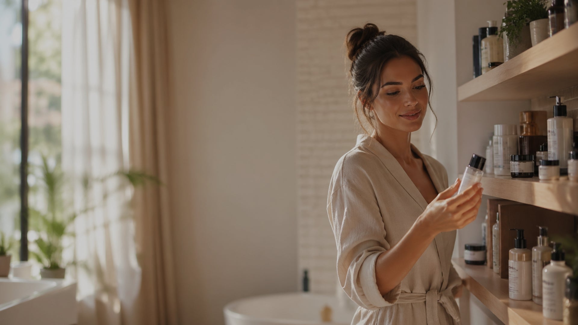Woman in a robe holding a bottle of skincare product in a bathroom.