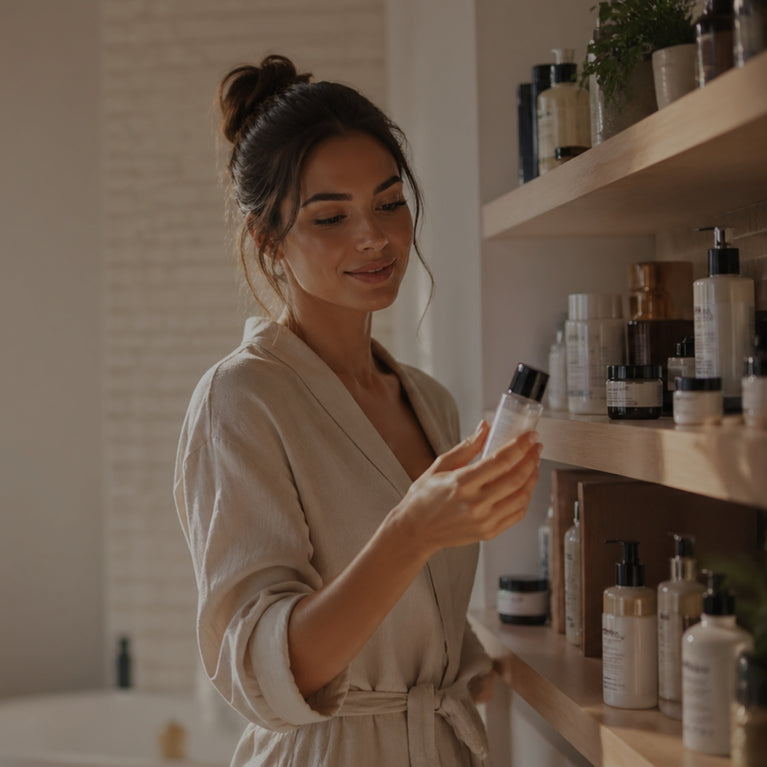 Woman in a robe holding a bottle of skincare product in a bathroom.